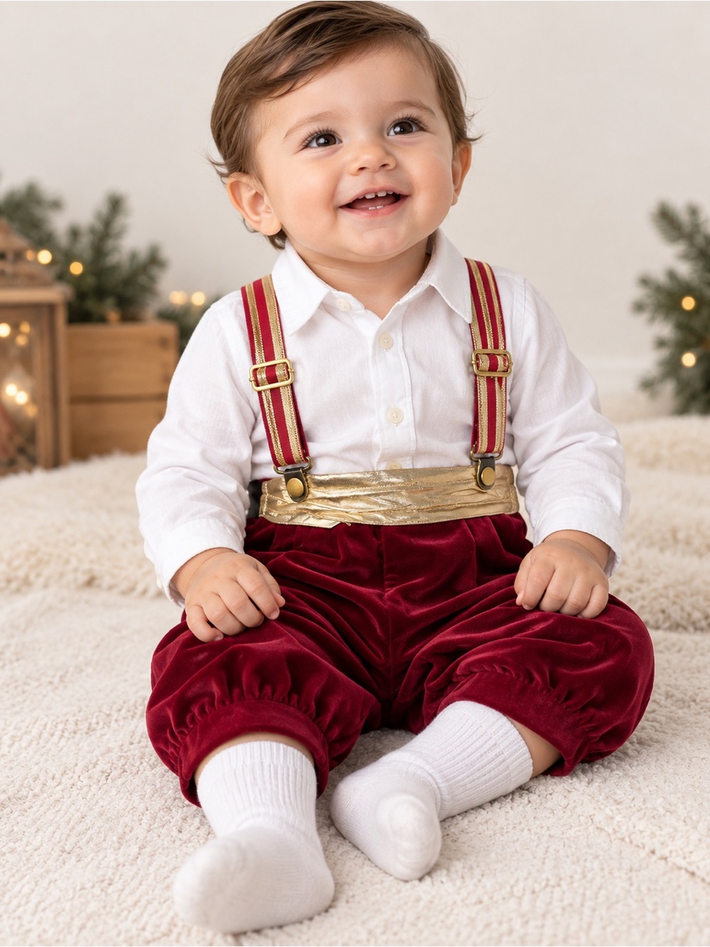 Vintage Baby Velvet Christmas Suspender Pants with Gold Waistband EUC